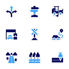 Road icon set. Bold style. Duotone colors. directional sign, sign, road marking truck, road, architecture and city, placeholder, choice.