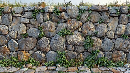 A rustic stone wall adorned with lush greenery, showcasing nature's harmony in an outdoor setting
