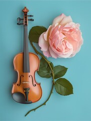 Fototapeta premium Serene Melody: A classic violin rests elegantly beside a delicate peach rose, creating a harmonious still life against a serene blue backdrop. The image evokes feelings of peace, beauty.