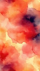 Abstract watercolor painting featuring vibrant red, orange, and purple hues blending seamlessly