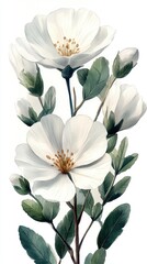 Beautiful white flowers with delicate petals and green leaves against a clean background