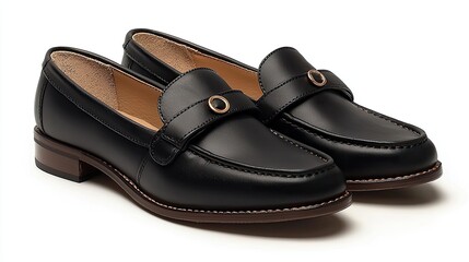 Elegant black leather loafers with a circular accent, showcased against a neutral backdrop