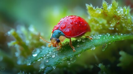 Obraz premium A detailed macro shot of a ladybug perched on a dewy leaf, the bright red shell contrasting beautifully with the green