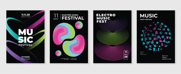 Music poster design background vector set. Electro Sound Cover template with vibrant abstract gradient geometric shape. Ideal design for social media, flyer, party, music festival, club.