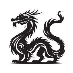 Naklejka premium Dragon silhouette with wings spread wide for dramatic fantasy impact - Dragon illustration - Dragon vector - mythical creature silhouette 