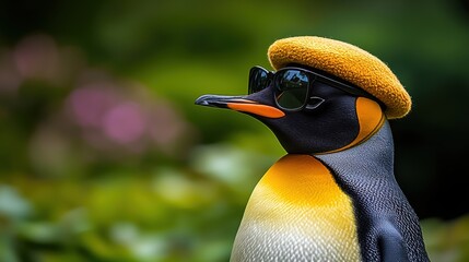 Playful penguin wearing sunglasses and beret in a lush garden fun animal portrait nature photography