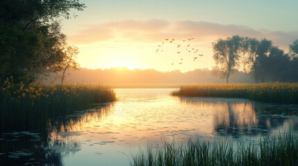Fototapeta premium Marshes with dragonflies hovering above still water, reeds swaying in a gentle breeze
