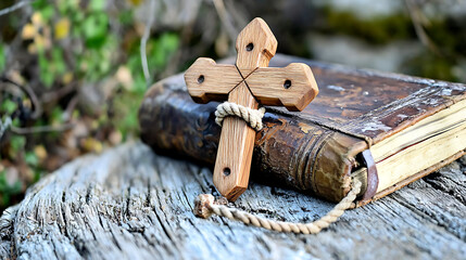 A wooden cross is tied to a book. generated using AI