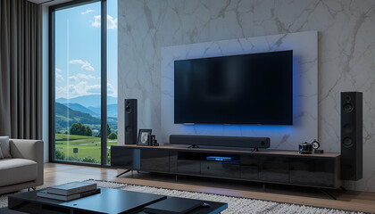 High-Tech Living Room with Smart TV and Audio System for Immersive Experience

