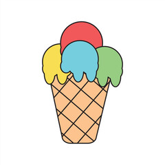 Melting ice cream balls in the waffle cone isolated on pink background. Vector flat outline icon. Comic character in cartoon style illustration for design