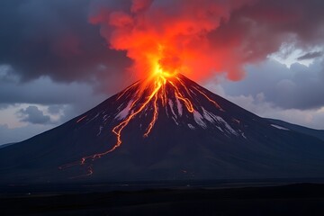 Erupting volcano with molten lava and smoke under dramatic sky