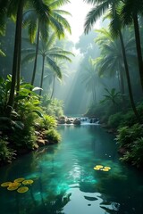 Tranquil tropical oasis with waterfall and lush greenery under sunlight