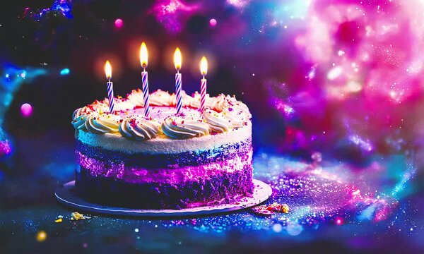 Birthday cake with candles space magic atmosphere.