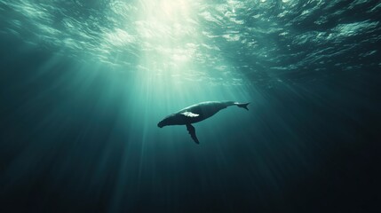 Fototapeta premium A humpback whale swims gracefully in the deep ocean.