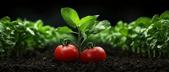 A tomato plant with two ripe tomatoes and green leaves.