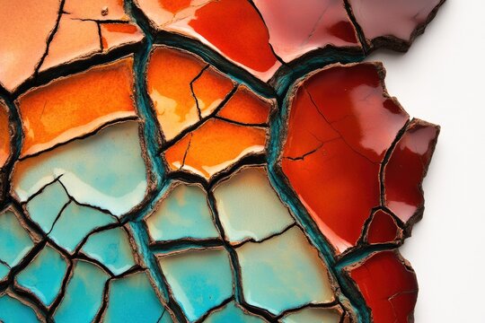 Abstract ceramic artwork with cracked, glossy surface in vibrant orange, red, and teal.