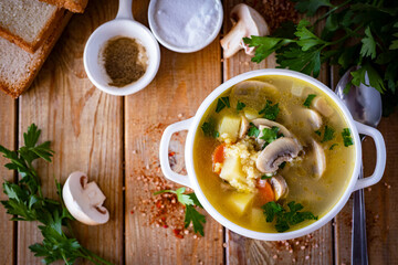 Hot mushroom soup with vegetables for lunch. Delicious mushroom soup in a white plate on a wooden table for dinner. Close-up
