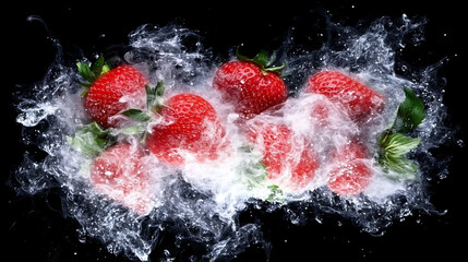 Strawberries in a Swirl of White Freshness Black Background Still Life Delicious Red Fruits