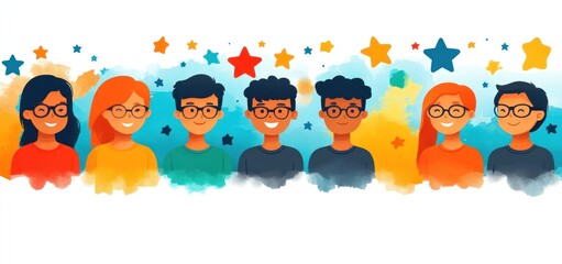 Fototapeta premium Diverse Group of Smiling Children Wearing Glasses, Celebratory Stars Background