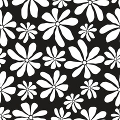 Retro Groovy mid century flower seamless pattern, black and white matisse floral background