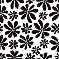 Retro Groovy mid century flower seamless pattern, black and white matisse floral background