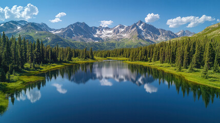 Snow-capped peaks reflected in a tranquil alpine lake surrounded by evergreens