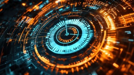Abstract futuristic clock interface with glowing orange and blue digital elements.