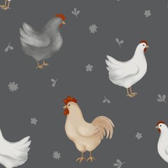 Hand draw cartoon chicken, hens, roosters birds seamless pattern, cottage country life style repeating background. Cute design for wrapping paper, textile, fabric. Grey background