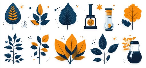 Fototapeta premium Autumnal Botanical Illustrations: A Collection of Leaves, Scientific Equipment, and Nature's Hues