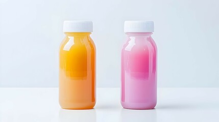 Two Bottles Of Orange And Pink Juice On White Background