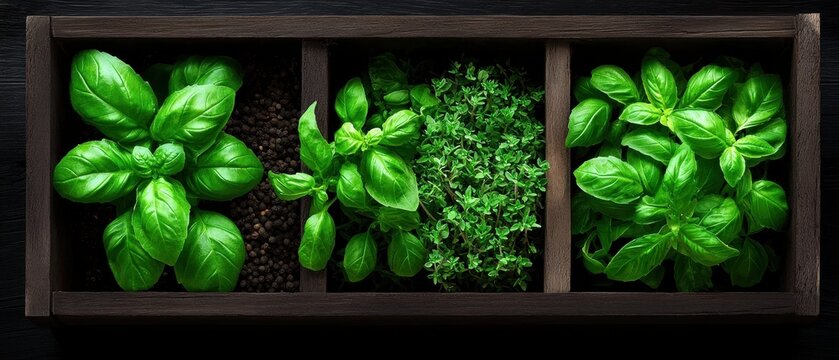A wooden tray holds three distinct sections of green herbs and spices.