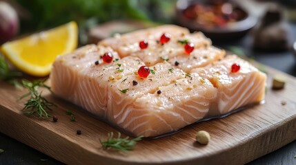 Salmon fillet seasoned with herbs and spices, ready for cooking.