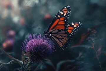 Obraz premium A monarch butterfly with orange and black wings delicately perched on a vibrant purple thistle flower.