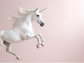 Fototapeta premium Majestic white unicorn galloping with grace against a soft pastel background.