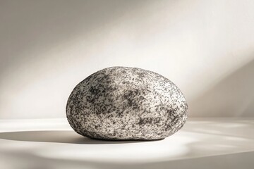 A large, light-colored stone, speckled with dark spots, rests on a white surface.