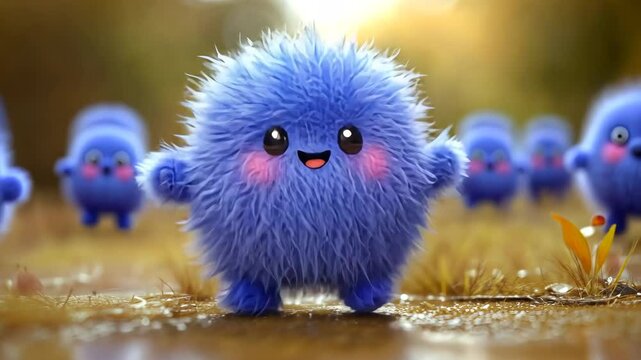 Vibrant blue furry creatures frolic in sunlit meadow.
