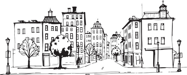 City landscape. Different buildings on street, outline cityscape hand sketch, flat houses. Hand drawn vector illustration