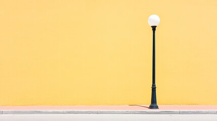 A solitary street lamp stands against a vibrant yellow wall on a sunny day, enhancing urban charm