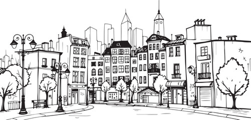 Obraz premium City landscape. Different buildings on street, outline cityscape hand sketch, flat houses. Hand drawn vector illustration