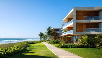 Obraz premium Coastal modern homes, walkway, ocean view, tropical landscaping