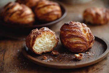 Freshly baked cinnamon rolls on a wooden plate, showcasing their flaky texture