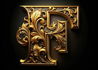 Ornate Baroque Letter F: Intricate Metallic Engraving Stock Photo