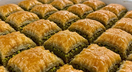 Freshly baked baklava with golden flaky layers, syrup-filled, crispy, and inviting with pistachios and honey.