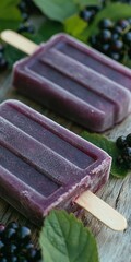 Two purple popsicles on a wooden surface surrounded by dark berries and green leaves.