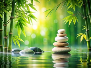 Obraz premium Serene Zen Garden: Stacked White Stones in Tranquil Water, Lush Greenery & Bamboo - Peaceful Balance