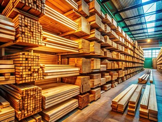 Obraz premium St. Petersburg Lumber Yard, March 2019: Neat Stacks of Wood on Shelving