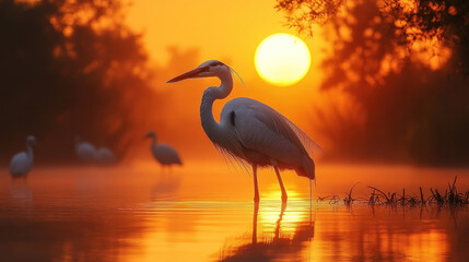 Wetlands at sunrise, with herons standing still in the misty water
