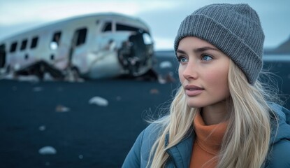 Fototapeta premium Young woman explores a plane wreck on a black sand beach