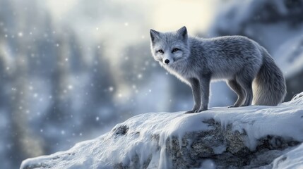 A lone Arctic fox standing on a snowy ridge as snowflakes fall.