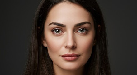 Obraz premium Portrait Photograph of a Young Woman with Natural Makeup and Long Dark Hair on a Dark Background